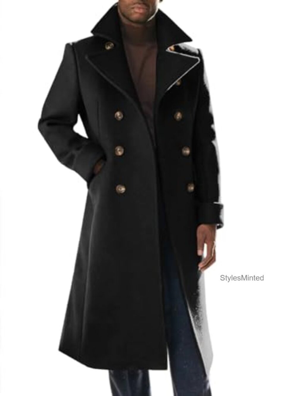 Men's Wool Blend Trench Coat Notch Lapel Double Breasted Long Pea Coat Winter